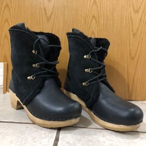 No. 6 lace up black shearling mid heel